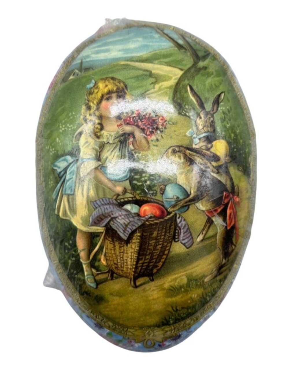 Vintage world market Easter Egg Paper Mache Container Bunny & Girl Scene READ